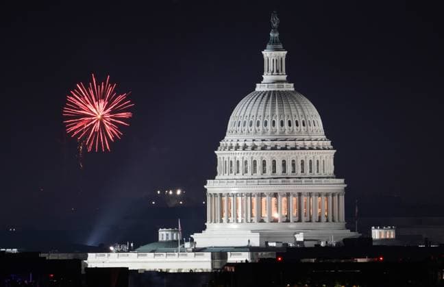 An unauthorized fireworks display explodes with the U.S. Capitol building as a backdrop during 4th of July celebrations in Washington DC on Friday, July 4, 2025.  WAP20250704490 PATxBENIC