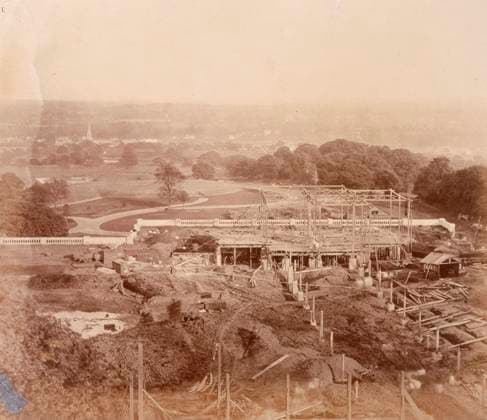 RECORD DATE NOT STATED The South Wing - seen from the Palace, Crystal Palace, Sydenham, 1852-1854. Designed by Sir Joseph Paxton to house the Great Exhibition of 1851 in Hyde Park, the Crystal Palace was reconstructed and enlarged in Sydenham in 1852. The first column was raised on 5 August 1852 and the palace was opened by Queen Victoria on 10 June 1854. Many exhibitions and events were subsequently held at the Crystal Palace until it burnt down on 30 November 1936. The park contained a motor racing circuit from 1937 until 1972 and the famous athletics track dates back to the foundation of the Crystal Palace Athletics Club in 1868. Plate 23 from Photographic Views of the Progress of the Crystal Palace, Sydenham. Taken during the progress of the works, by desire  Copyright:HeritagexArt HeritagexImagesxPhilipxHenryxDelamottex IMAGO