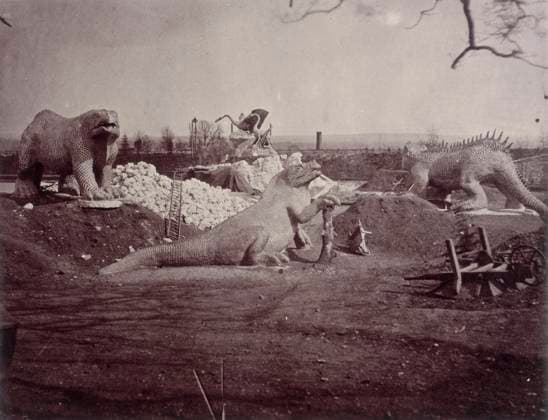 RECORD DATE NOT STATED Models of Extinct Animals, Crystal Palace, Sydenham, 1852-1854. Designed by Sir Joseph Paxton to house the Great Exhibition of 1851 in Hyde Park, the Crystal Palace was reconstructed and enlarged in Sydenham in 1852. The first column was raised on 5 August 1852 and the palace was opened by Queen Victoria on 10 June 1854. Many exhibitions and events were subsequently held at the Crystal Palace until it burnt down on 30 November 1936. The park contained a motor racing circuit from 1937 until 1972 and the famous athletics track dates back to the foundation of the Crystal Palace Athletics Club in 1868. Plate 58 from Photographic Views of the Progress of the Crystal Palace, Sydenham. Taken during the progress of the works, by desire of the direc  Copyright:HeritagexArt HeritagexImagesxPhilipxHenryxDelamottex IMAGO