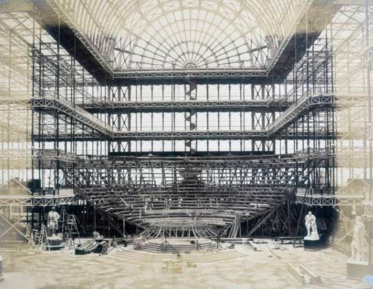 RECORD DATE NOT STATED Erection of the Orchestra for the Opening Ceremony, Crystal Palace, Sydenham, 1852-1854. Designed by Sir Joseph Paxton to house the Great Exhibition of 1851 in Hyde Park, the Crystal Palace was reconstructed and enlarged in Sydenham in 1852. The first column was raised on 5 August 1852 and the palace was opened by Queen Victoria on 10 June 1854. Many exhibitions and events were subsequently held at the Crystal Palace until it burnt down on 30 November 1936. The park contained a motor racing circuit from 1937 until 1972 and the famous athletics track dates back to the foundation of the Crystal Palace Athletics Club in 1868. Plate 85 from Photographic Views of the Progress of the Crystal Palace, Sydenham. Taken during the progress of the work  Copyright:HeritagexArt HeritagexImagesxPhilipxHenryxDelamottex IMAGO