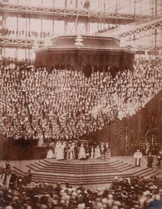 RECORD DATE NOT STATED The Opening Ceremony, Crystal Palace, Sydenham, 1852-1854. Designed by Sir Joseph Paxton to house the Great Exhibition of 1851 in Hyde Park, the Crystal Palace was reconstructed and enlarged in Sydenham in 1852. The first column was raised on 5 August 1852 and the palace was opened by Queen Victoria on 10 June 1854. Many exhibitions and events were subsequently held at the Crystal Palace until it burnt down on 30 November 1936. The park contained a motor racing circuit from 1937 until 1972 and the famous athletics track dates back to the foundation of the Crystal Palace Athletics Club in 1868. Plate 99 from Photographic Views of the Progress of the Crystal Palace, Sydenham. Taken during the progress of the works, by desire of the directors,  Copyright:HeritagexArt HeritagexImagesxPhilipxHenryxDelamottex IMAGO