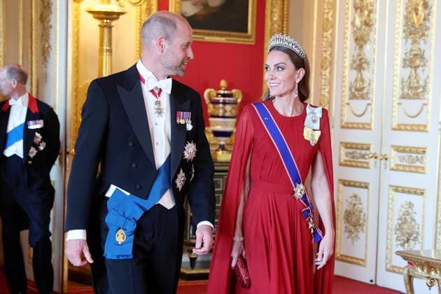 Entertainment Themen der Woche KW28 . 08 07 2025. Windsor , United Kingdom. President Emmanuel Macron, Bridgette Macron, King Charles III, Queen Camilla, Prince William and Kate Middleton, the Prince and Princess of Wales ,at a State Banquet at Windsor Castle on the first day of the French State Visit to the United Kingdom.  xi-Imagesx xPoolx IIM-26084-0232