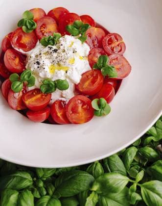 Foodfotografie, Kräftiges Gericht aus geschnittenen Kirschtomaten, cremiger Burrata und frischen Basilikumblättern auf einem weißen Teller Food, Vibrant dish of sliced cherry tomatoes, creamy burrata, and fresh basil leaves on a white plate Copyright: imageBROKER AntonxDobrea ibxiqx14243951.jpg