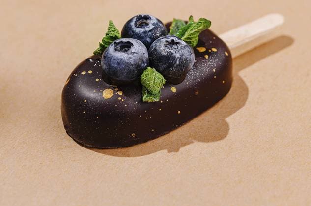 Foodfotografie, Handwerklich hergestellte Eisriegel mit frischen Blaubeeren und Schokolade auf einem warmen, neutralen Hintergrund Food, Artisanal ice cream bars with fresh blueberries and chocolate on a warm neutral background Copyright: imageBROKER AntonxDobrea ibxiqx14244883.jpg