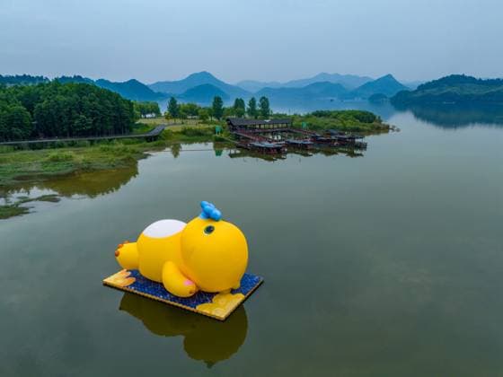 Bilder des Jahres 2025, News 07 Juli News Themen der Woche KW28 HANGZHOU, CHINA - JULY 08: Aerial view of an inflatable doll of Nailoong, also known as Milk Dragon, lying leisurely in the middle of a lake at Qingshan Lake National Forest Park on July 8, 2025 in Hangzhou, Zhejiang Province of China.  Copyright: xVCGx 111578393304