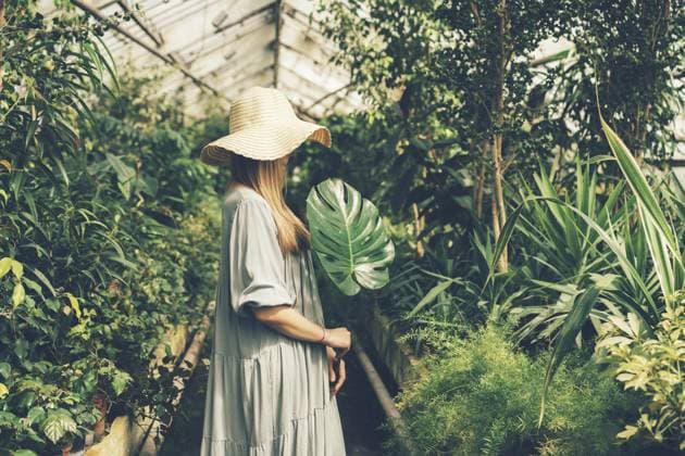 Weibliche Person in einem tropischen Gewächshaus mit Hut und Freizeitkleidung Female person in a tropical greenhouse in a hat and casual dress Copyright: imageBROKER TITOVAxILONA ibxiqx14181054.jpg ,model released, Symbolfoto ,property released