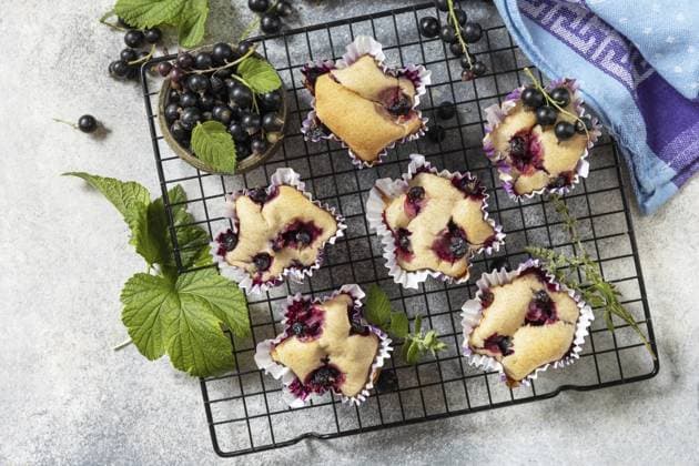 Gesunde Nachspeise. Veganes glutenfreies Gebäck. Haferflocken Bananen Muffins mit schwarzen Johannisbeeren auf einem Steintisch. Blick von oben Healthy dessert. Vegan gluten-free pastry. Oatmeal banana muffins with black currant on a stone table. View from above Copyright: imageBROKER ELENAxHRAMOVA ibxiqx14176621.jpg