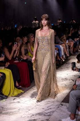 PFW - Elie Saab Runway A model walks the runway at the Elie Saab Haute Couture Fall Winter 2025-2026 show, as part of Paris Fashion Week in Paris, France on July 9, 2025. Photo by Ammar Abd Rabbo ABACAPRESS.COM Paris France  Copyright: xAbdxRabboxAmmar ABACAx