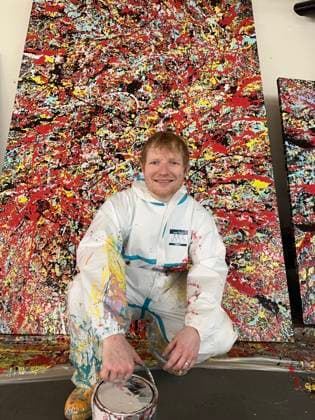 Ed Sheeran™s ˜Cosmic Carpark Paintings™ at HENI EDITORIAL USE ONLY Ed Sheeran creates his ˜Cosmic Carpark Paintings™ for HENI Gallery in London. The artwork release offers the public an opportunity to collect original artworks, and edition prints by Ed Sheeran, which are available to buy exclusively on HENI. The share of the profits from these sales will be donated to the Ed Sheeran Foundation, a UK-wide initiative aimed at providing inclusive, high-quality music education for every child., Credit:Ellie Lawrie Avalon  Copyright: xElliexLawriex xAvalonx 1020503901