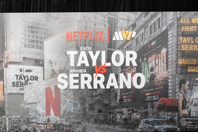 July 11, 2025, Bronx, New York, USA: Backdrop for arrivlas for Katie Taylor vs Amanda Serrano 3 boxing bout at Madison Square Garden in New York, NY on July 11, 2025 Bronx USA - ZUMAr339 20250711_znp_r339_027 Copyright: xLevxRadinx