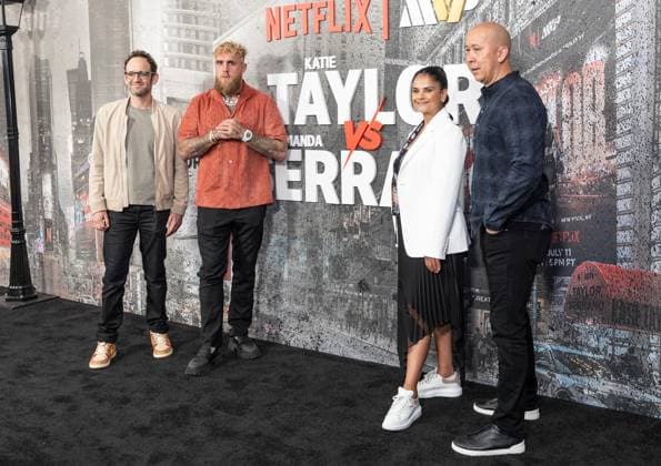 July 11, 2025, Bronx, New York, USA: Gabe Spitzer, Jake Paul, Bela Bajaria and Brandon Riegg arrive for Katie Taylor vs Amanda Serrano 3 boxing bout at Madison Square Garden in New York, NY on July 11, 2025 Bronx USA - ZUMAr339 20250711_znp_r339_046 Copyright: xLevxRadinx