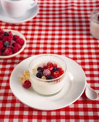 Frischer hausgemachter Joghurt mit verschiedenen Beeren auf rot kariertem Tischtuch. Gesundes Frühstückskonzept Fresh homemade yogurt with various berries on red checkered tablecloth. Healthy breakfast concept Copyright: imageBROKER ZulfiiaxIshmukhameto ibxiqx14290411.jpg