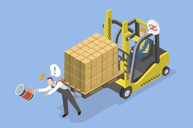 3D Isometrische flache Illustration der industriellen Unfall, Mann verletzt nach Lagerhaus Gabelstapler mit Fracht Kollision 3D Isometric Flat Illustration of Industrial Accident, Man Injured After Warehouse Forklift Truck With Cargo Collision Copyright: imageBROKER AnastasiiaxTorianyk ibxplw14015921.jpg