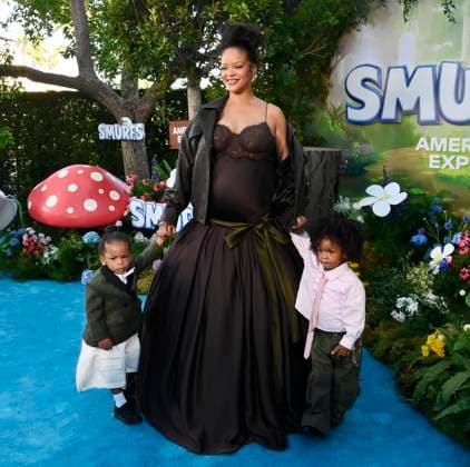 Rihanna, the voice of Smurfette in the animated musical comedy Smurfs and her sons Riot Rose Mayers (L) and RZA Athelston Mayers attend the premiere of the motion picture at Paramount Studios in Los Angeles on Sunday, July 13, 2025. Storyline: When Papa Smurf (John Goodman) is mysteriously taken by evil wizards, Razamel and Gargamel, Smurfette (Rihanna) leads the Smurfs on a mission into the real world to save him. With the help of new friends, the Smurfs must discover what defines their destiny to save the universe.  LAP2025071313 JIMxRUYMEN