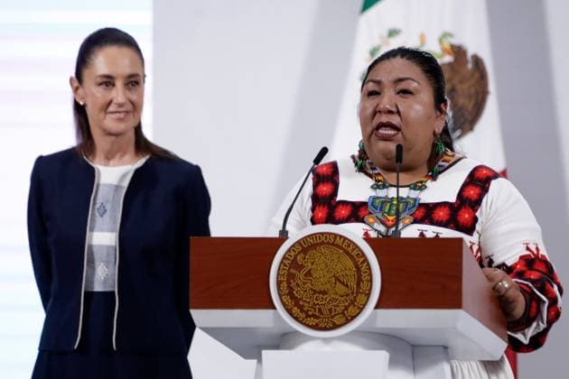 Mexico™s President Claudia Sheinbaum Holds Briefing President of the National Council to Prevent Discrimination, Claudia Morales Reza, speaks about the Wixarika Route of Sacred Sites, recently inscribed on the UNESCO World Heritage List at National Palace. on July 14, 2025 in Mexico City, Mexico. Mexico City CDMX Mexico Copyright: xLuisxBarronx