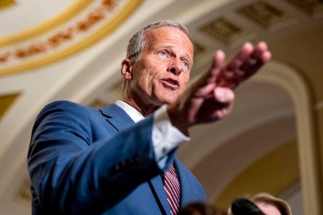 Senate Majority Leader John Thune, R-SD, speaks during a press conference after weekly Senate caucus luncheons at the U.S. Capitol in Washington, DC on Tuesday, July 15, 2025.  WAP20250715334 BONNIExCASH