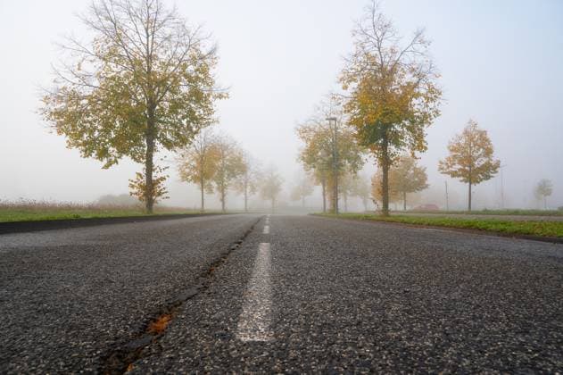 Neblige Straße, Regen, Feuchtigkeit, Nebel an einem Herbstmorgen, schlechte Sicht, rutschige Straße, bewölktes Wetter *** neblige Street, Rain, Humidity, Fog to a Autumn morning, bad Visibility, slippery Street, bewölktes Weather 1133601440