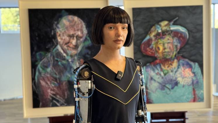 World’s first ultra-realistic robot paints portrait of King Charles STRICTLY EMBARGOED UNTIL 00.01 GMT 17.07.2025 Story from Jam Press (Robot Paints King) Pictured: Ai-Da in front of portraits of King Charles III and Queen Elizabeth II. World’s first ultra-realistic robot paints portrait of King Charles The world’s first ultra-realistic robot has painted a portrait of King Charles. Ai-Da is powered by AI and has become the world’s first robot to paint a picture of His Majesty. The portrait was created using her robotic arms and an inbuilt camera in her eyes. According to her creators, Ai-Da is said to be the first ultra-realistic robot capable of drawing people from life using her eye and a pencil in her hand. The portrait, titled A  Copyright: xJamxPress
