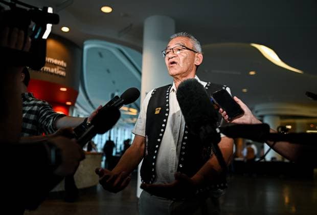 July 16, 2025, Gatineau, Qc, Canada: WetöÄÃ suwetöÄÃ en Hereditary Chief NaöÄÃ Moks speaks to reporters on the sidelines of the First Nations Summit at the Canadian Museum of History in Gatineau, Que., on Wednesday, July 16, 2025. Gatineau Canada  - ZUMAc35_ 20250716_zaf_c35_053 Copyright: xSpencerxColbyx