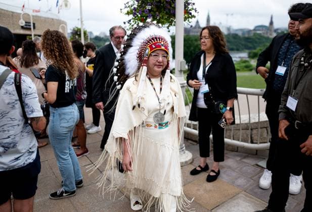 July 17, 2025, Gatineau, Qc, Canada: Assembly of First Nations Chief Cindy Woodhouse Nepinak departs a media scrum during the First Nations Summit at the Canadian Museum of History in Gatineau, Que., on Thursday, July 17, 2025. Gatineau Canada  - ZUMAc35_ 20250717_zaf_c35_019 Copyright: xSpencerxColbyx