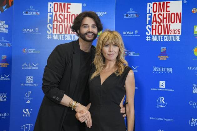 Rome, Rome Fashion Show Haute Couture 2025. At the second edition of the prestigious Rome Fashion Show, fashion ambassadors and cadets paraded, with a special focus on sustainability, tradition, and innovation. Pictured: Loredana Cannata and designer Gabriele Fiorucci Bucciarelli  Copyright: xBarbaraxAmendolax xipa-agency.netx xBarbaraxAmendolax IPA_Agency_IPA60659671