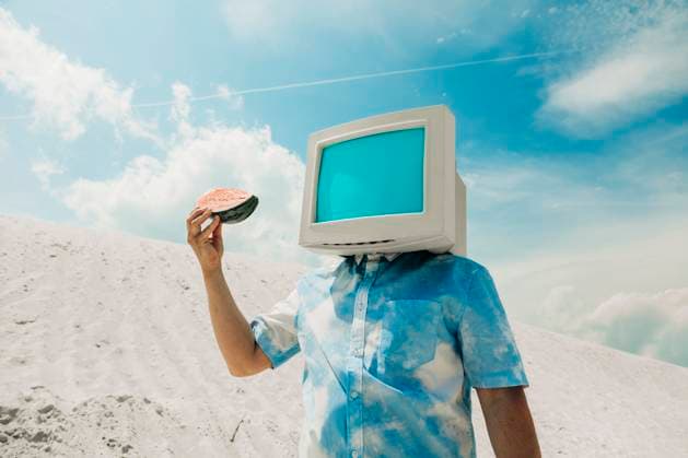 Creative Highlight Symbolbilder Person with CRT monitor head holding fruit on sandy dune in summer model released, Symbolfoto, VSNF03665