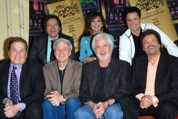 Jimmy Osmond, Marie Osmond, Donny Osmond, Alan Osmond, Wayne Osmond, Merril Osmond and Jay Osmond The Osmonds at a photocall to celebrate their number 1 selling DVD 50th Anniversary Reunion Concert Live In Las Vegas released on May 19, 2008 at The Millenium Hotel Mayfair. The Osmonds will be performing live at Wembley Arena tomorrow, May 30, 2008 London, England - 29.05.08, London, United Kingdom Vince Maher WENN 1891267.jpg