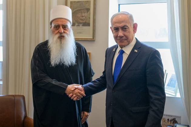 July 24, 2025, Jerusalem, Israel: Israeli Prime Minister BENJAMIN NETANYAHU hosts the spiritual leader of the Druze community in Israel, Sheikh MUAFAK TARIF, in his Jerusalem office. Jerusalem Israel - ZUMAi99_ 20250724_zip_i99_001 Copyright: xMaayanxToaf IsraelxGpox