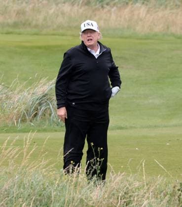 American President Donald Trump during his round of golf at Turnberry Golf Club, Ayrshire in Scotland on Sunday, July 27, 2025. Trump is on a four day visit to Scotland where he will be playing golf and meeting International leaders for trade discussions.  LON2025072731 HUGOxPHILPOTT