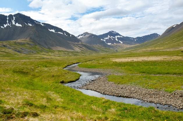 Creative Highlights World June 17 2025: A meandering stream flows toward the fjord waters and North Atlantic Ocean, Pingeyri, Westfjords, Iceland. Pingeyri Iceland - ZUMAc04_ 1064534154st Copyright: xCSMx