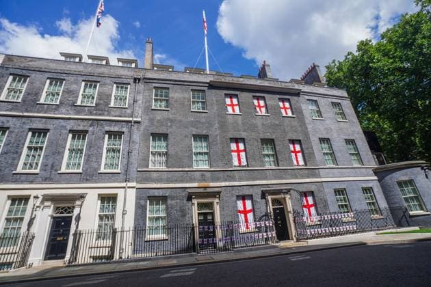 10 Downing Street Decorated With England Flags to celebrate Lionesses Euro 2025 Victory, London, 28 July 2025 London 28 July 2025. The facade of 10 Downing Street is decorated With England flags and bunting after the England women football team, the Lionesses victory against Spain at the Euro 2025 championships in Basel Switzerland on Sunday 27 July, Credit:Amer Ghazzal Avalon  Copyright: xAmerxGhazzalx xAvalonx 1026273333