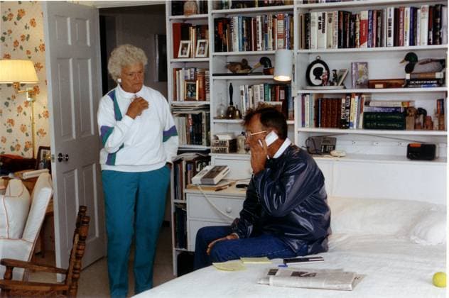 Bush Speaks by Phone to Gorbachev August 21, 1991, Kennebunkport, Maine, USA: Kennebunkport, Maine - August 21, 1991 -- United States President George H.W. Bush talks with President Mikhail Gorbachev of the Union of Soviet Socialist Republics (U.S.S.R.) from his Kennebunkport, Maine home on August 21, 1991 concenring the end of the coup in the Soviet Union. First lady Barbara Bush listens Copyright: xWhitexHousex
