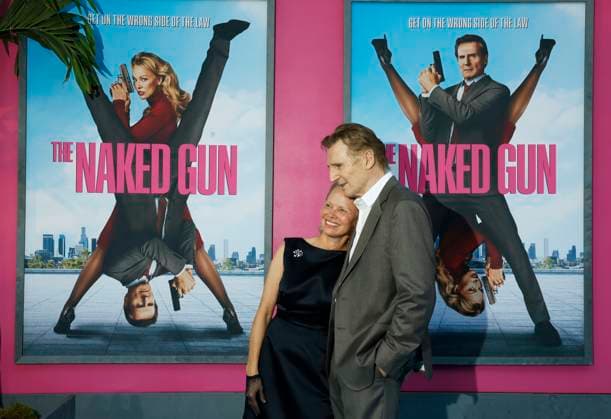 Pamela Anderson and Liam Neeson arrive on the red carpet for Paramount Pictures The Naked Gun Premiere at the SVA Theatre on Monday, July 28, 2025 in New York City.  NYP20250729316 JOHNxANGELILLO