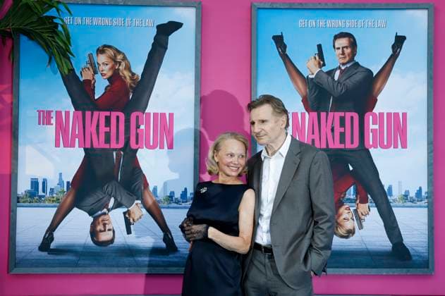 Pamela Anderson and Liam Neeson arrive on the red carpet for Paramount Pictures The Naked Gun Premiere at the SVA Theatre on Monday, July 28, 2025 in New York City.  NYP20250729317 JOHNxANGELILLO