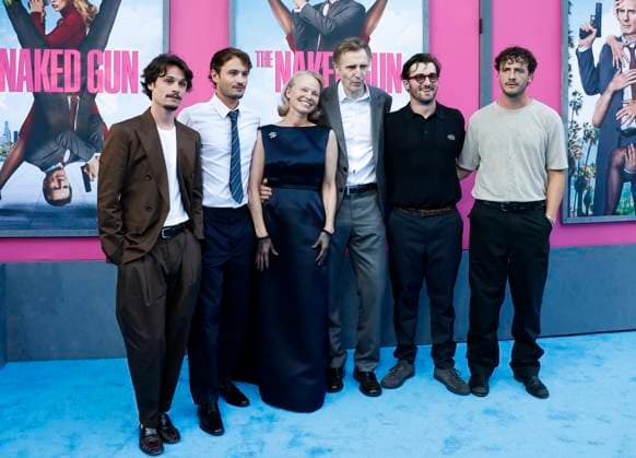 Dylan Jagger Lee, Brandon Thomas Lee, Pamela Anderson, Liam Neeson, Daniel Neeson and Miche?l Neeson arrive on the red carpet for Paramount Pictures The Naked Gun Premiere at the SVA Theatre on Monday, July 28, 2025 in New York City.  NYP20250729318 JOHNxANGELILLO