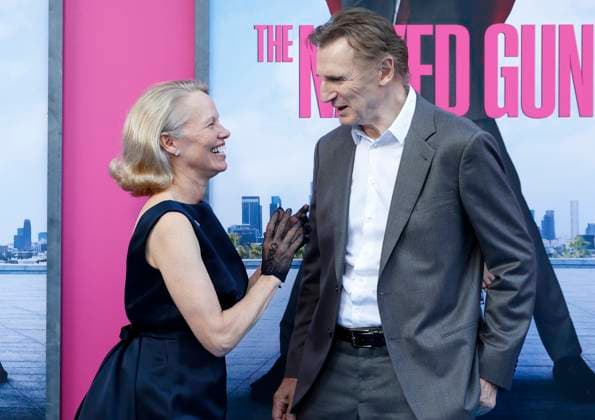 Pamela Anderson and Liam Neeson arrive on the red carpet for Paramount Pictures The Naked Gun Premiere at the SVA Theatre on Monday, July 28, 2025 in New York City.  NYP20250729319 JOHNxANGELILLO