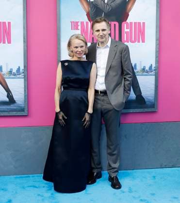 Pamela Anderson and Liam Neeson arrive on the red carpet for Paramount Pictures The Naked Gun Premiere at the SVA Theatre on Monday, July 28, 2025 in New York City.  NYP20250729320 JOHNxANGELILLO