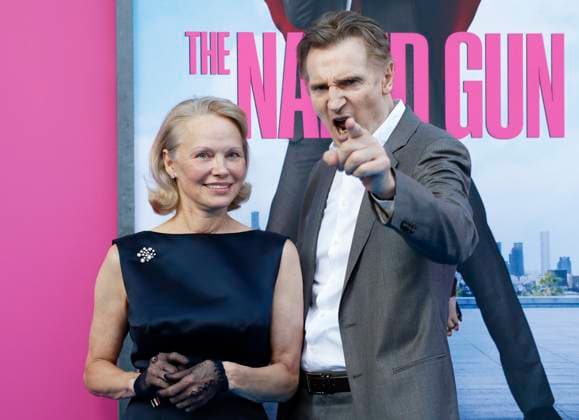 Pamela Anderson and Liam Neeson arrive on the red carpet for Paramount Pictures The Naked Gun Premiere at the SVA Theatre on Monday, July 28, 2025 in New York City.  NYP20250729322 JOHNxANGELILLO