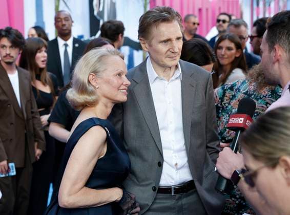 Pamela Anderson and Liam Neeson arrive on the red carpet for Paramount Pictures The Naked Gun Premiere at the SVA Theatre on Monday, July 28, 2025 in New York City.  NYP20250729307 JOHNxANGELILLO