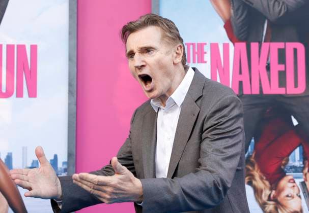 Liam Neeson arrives on the red carpet for Paramount Pictures The Naked Gun Premiere at the SVA Theatre on Monday, July 28, 2025 in New York City.  NYP20250729310 JOHNxANGELILLO
