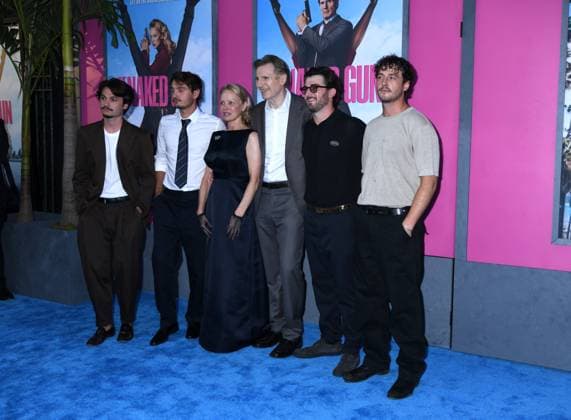 July 28, 2025, New York, Ny, United States: Dylan Jagger Lee, Brandon Thomas Lee, Pamela Anderson, Liam Neeson, Daniel Neeson and Micheal Neeson attend the US Premiere of The Naked Gun at SVA Theater in New York. July 28, 2025. New York United States - ZUMAp281 20250728_zea_p281_025 Copyright: xPhotoxImagexPressx