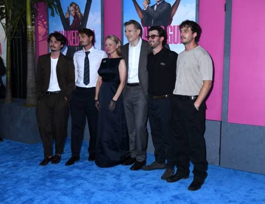 July 28, 2025, New York, Ny, United States: Dylan Jagger Lee, Brandon Thomas Lee, Pamela Anderson, Liam Neeson, Daniel Neeson and Micheal Neeson attend the US Premiere of The Naked Gun at SVA Theater in New York. July 28, 2025. New York United States - ZUMAp281 20250728_zea_p281_029 Copyright: xPhotoxImagexPressx