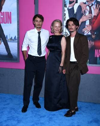 July 28, 2025, New York, Ny, United States: Brandon Thomas Lee, Pamela Anderson, and Dylan Jagger Lee attend the US Premiere of The Naked Gun at SVA Theater in New York. July 28, 2025. New York United States - ZUMAp281 20250728_zea_p281_021 Copyright: xPhotoxImagexPressx