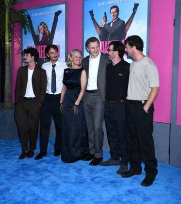 July 28, 2025, New York, Ny, United States: Dylan Jagger Lee, Brandon Thomas Lee, Pamela Anderson, Liam Neeson, Daniel Neeson and Micheal Neeson attend the US Premiere of The Naked Gun at SVA Theater in New York. July 28, 2025. New York United States - ZUMAp281 20250728_zea_p281_028 Copyright: xPhotoxImagexPressx