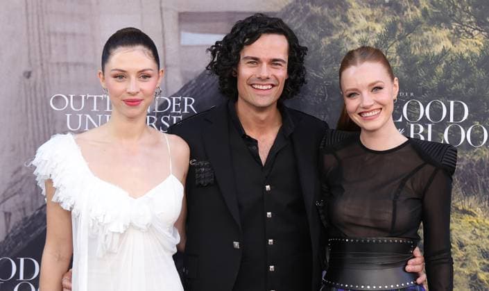 28 July 2025 . Los Angeles, California - Hermione Corfield, Jamie Roy, Harriet Slater At Outlander: Blood of my Blood Premiere Event held at DGA Theater Complex in Los Angeles. Los Angeles USA - ZUMAa123 20250728_zaa_a123_028 Copyright: xFSx