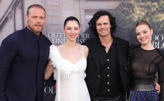 28 July 2025 . Los Angeles, California - Sam Heughan, Hermione Corfield, Jamie Roy, Harriet Slater At Outlander: Blood of my Blood Premiere Event held at DGA Theater Complex in Los Angeles. Los Angeles USA - ZUMAa123 20250728_zaa_a123_038 Copyright: xFSx