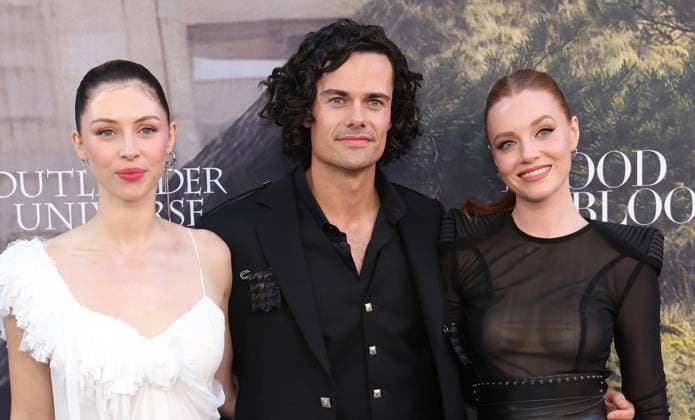 28 July 2025 . Los Angeles, California - Hermione Corfield, Jamie Roy, Harriet Slater At Outlander: Blood of my Blood Premiere Event held at DGA Theater Complex in Los Angeles. Los Angeles USA - ZUMAa123 20250728_zaa_a123_085 Copyright: xFSx
