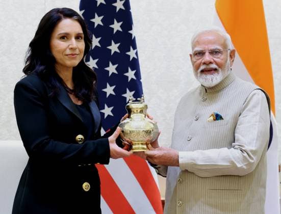 US Director of National Intelligence Tulsi Gabbard in New Delhi NEW DELHI, INDIA - MARCH 17: (----EDITORIAL USE ONLY - MANDATORY CREDIT - INDIAN PRESS INFORMATION BUREAU HANDOUT - NO MARKETING NO ADVERTISING CAMPAIGNS - DISTRIBUTED AS A SERVICE TO CLIENTS----) US Director of National Intelligence Tulsi Gabbard (L) meets with Indian Prime Minister Narendra Modi (R) in New Delhi, India on March 17, 2025. India World. Editorial use only. Please get in touch for any other usage.  Copyright: x2025xAnadoluxIndianxPressxInformationxBureaux