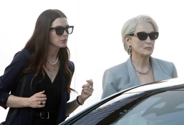 NEW YORK, NY - JULY 29: Anne Hathaway and Meryl Streep on the set of The Devil Wears Prada 2 on July 29, 2025 in New York City. Copyright: xRWx