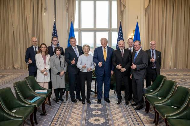 July 27, 2025, Turnberry, Scotland, UK:President Donald J. Trump participates in a Bilateral with the President of the European Commission Ursula von der Leyen at the Trump Turnberry golf course in Turnberry, Scotland, Friday, July 27, 2025. Turnberry UK - ZUMAz03_ 20250727_shc_z03_076 Copyright: xWhitexHousex